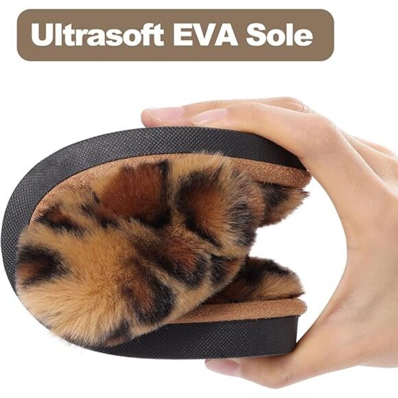 Women's Fuzzy Slippers Cross Band Leopard Brown Memory Foam House Slippers - Picture 4 of 5